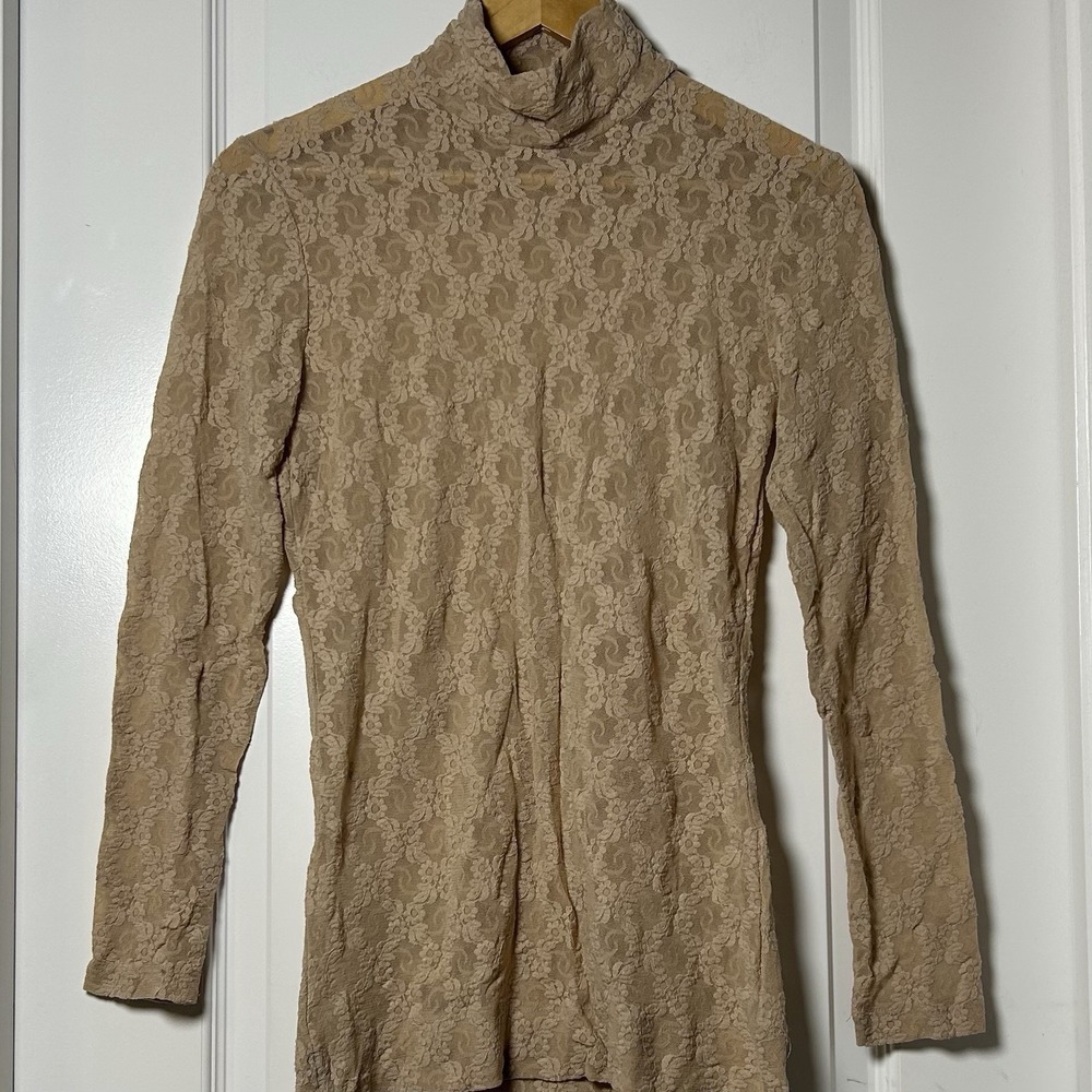 Only Hearts NYC Helena Stuart Taupe Mock Neck Long Sleeve Floral Lace Sheet Top